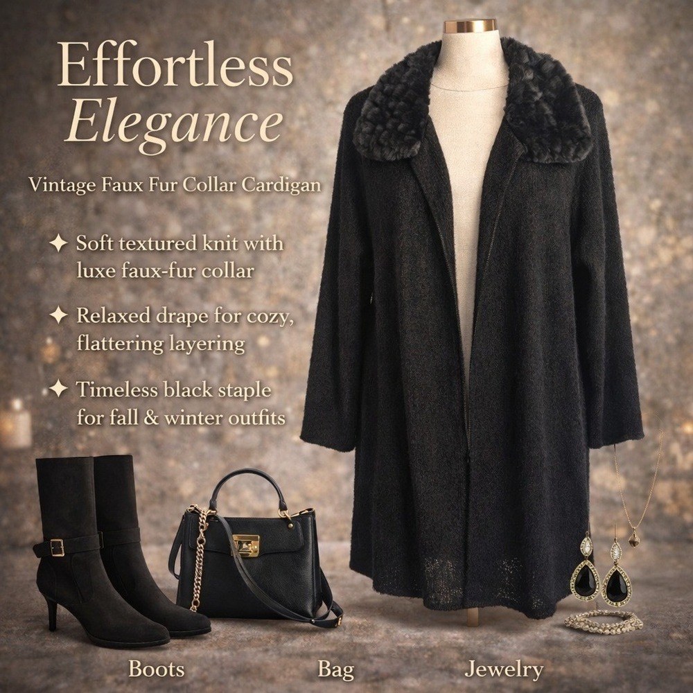 VINTAGE Timeless Elegance Black Textured Knit Faux Fur Collar Cardigan ‎ 1X